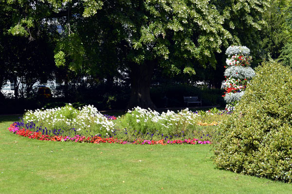 colorful flower bed in park with green grass and shaded trees surrounded by vibrant flowers and plants for a serene outdoor experience in nature gardening and landscaping