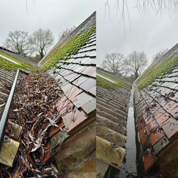 roof drainage system with leaves on the left and water accumulation