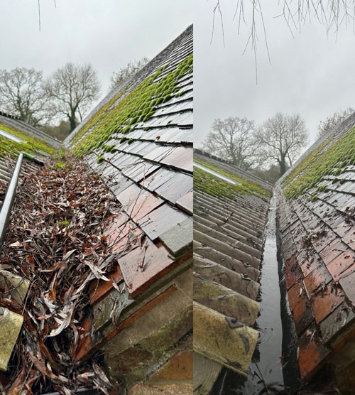 two images of a sloped roof showing debris and water drainage with moss on tiles demonstrating the importance of roof maintenance and cleaning